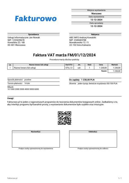 Elementy faktury za usługę